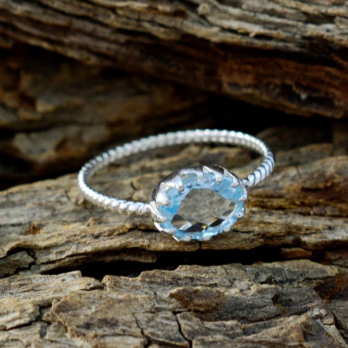 Blue Topaz Solitaire American Sterling Silver Blue Gemstones Minimalist Twist Ring Jewellery - Image 4