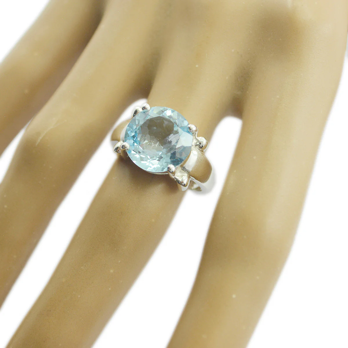 Blue Topaz Solitaire French 925 Silver Blue Gems Classic Modern Ring Jewelry - Image 3