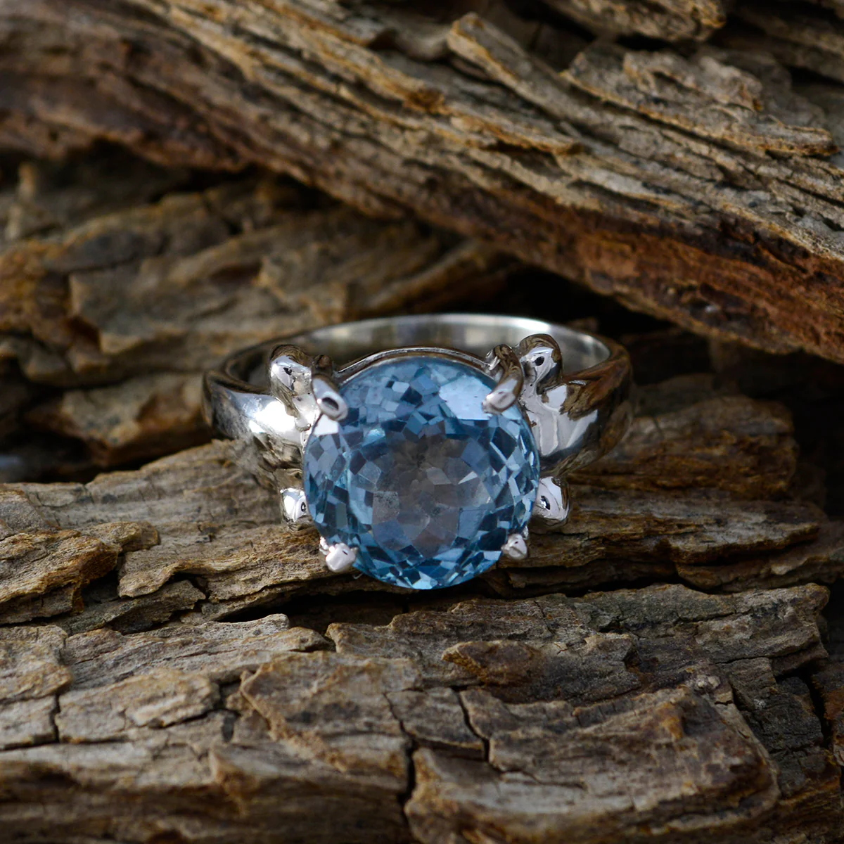 Blue Topaz Solitaire French 925 Silver Blue Gems Classic Modern Ring Jewelry - Image 4
