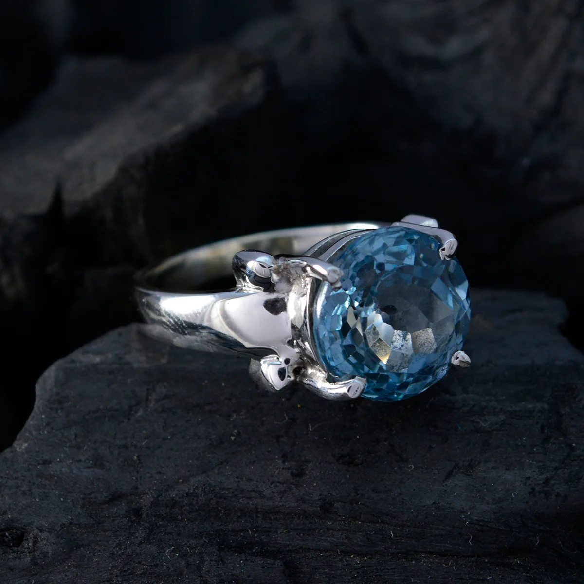 Blue Topaz Solitaire French 925 Silver Blue Gems Classic Modern Ring Jewelry - Image 5