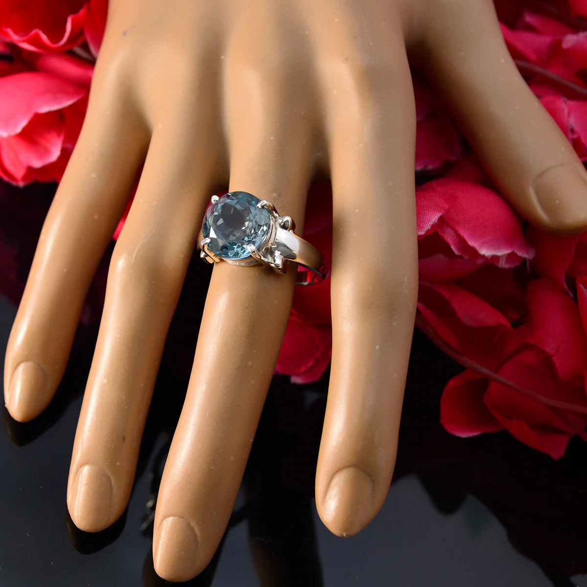 Blue Topaz Solitaire French 925 Silver Blue Gems Classic Modern Ring Jewelry - Image 6