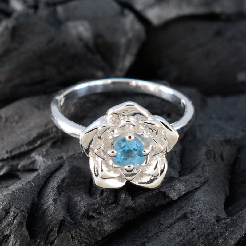 Blue Topaz Solitaire Russian 92.5 Silver Blue Gemstones Tiny Floral Ring Jewelry - Image 4