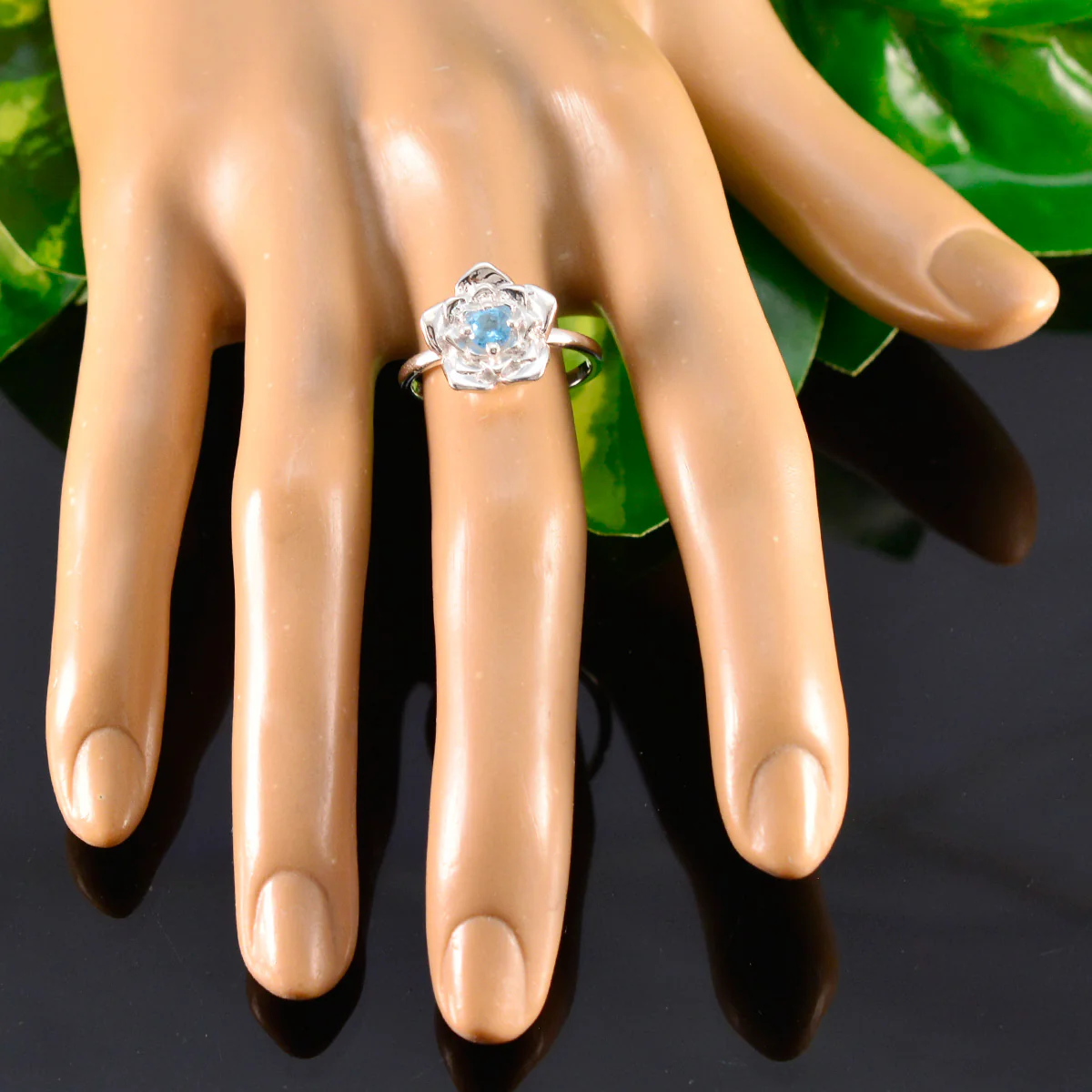 Blue Topaz Solitaire Russian 92.5 Silver Blue Gemstones Tiny Floral Ring Jewelry - Image 5