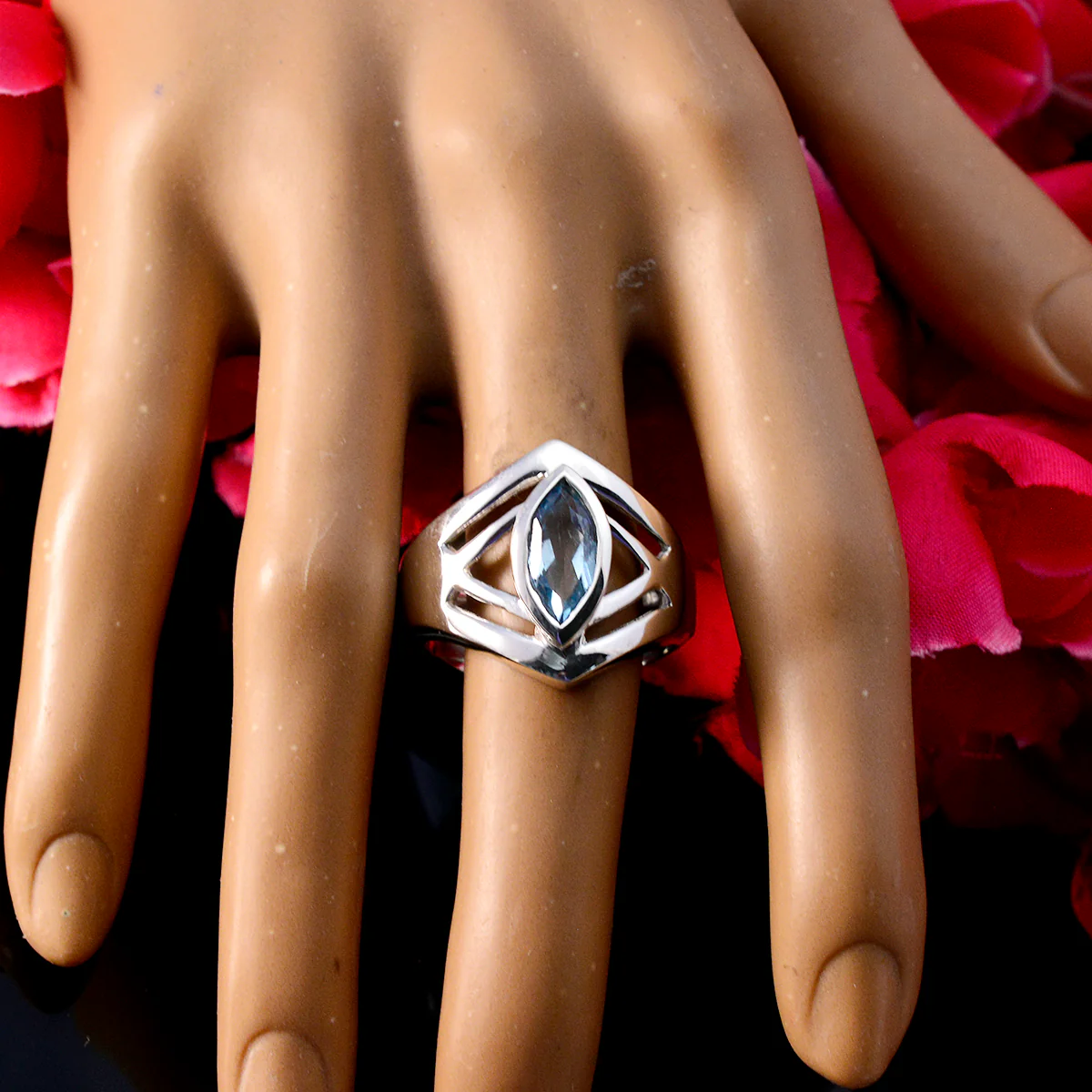Blue Topaz Solitaire Spanish 925 Sterling Silver Blue Gemstones Statement Art Deco Ring Jewelry - Image 3