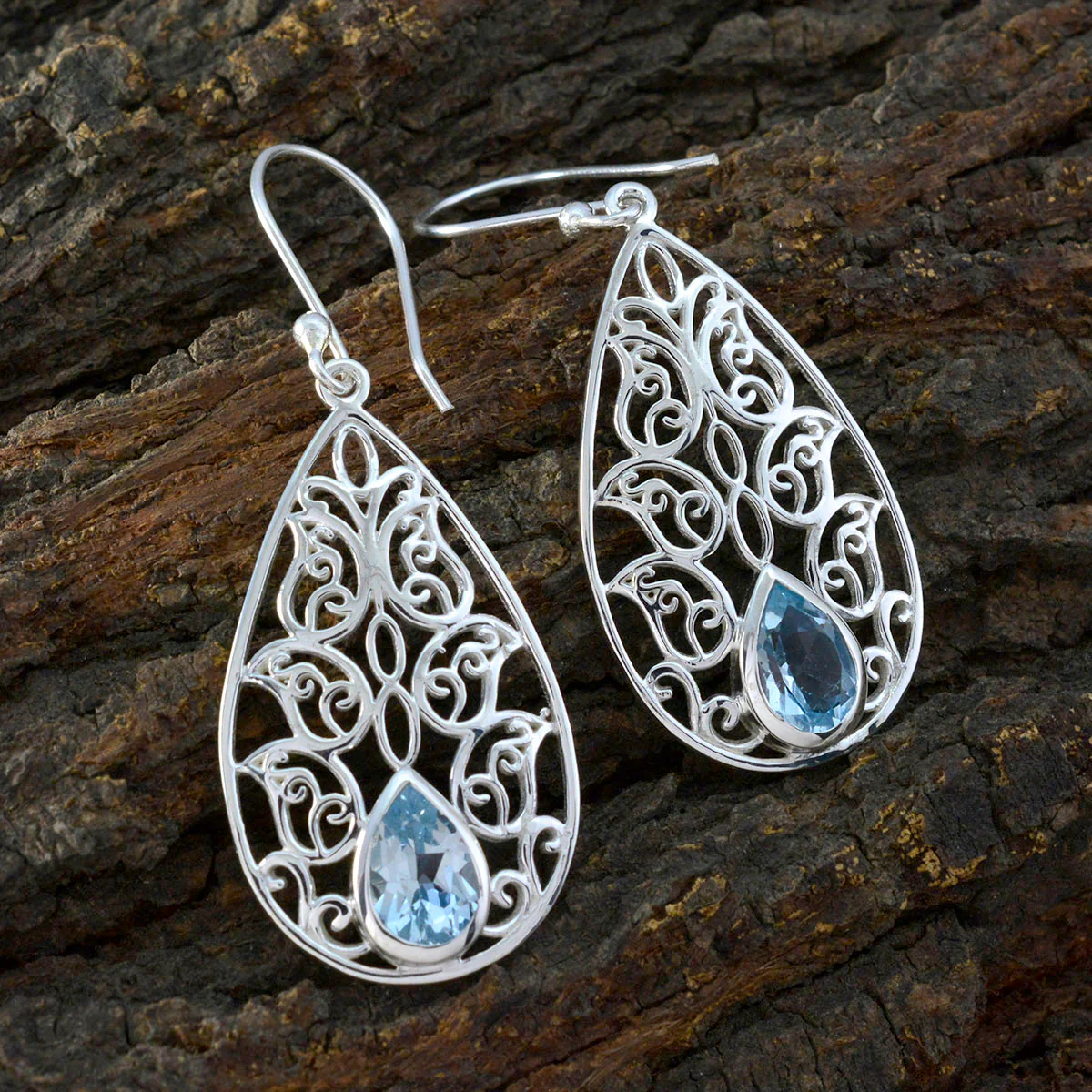 Blue Topaz Spanish Lourdes Solitaire Dangle Blue Silver Earring - Image 3