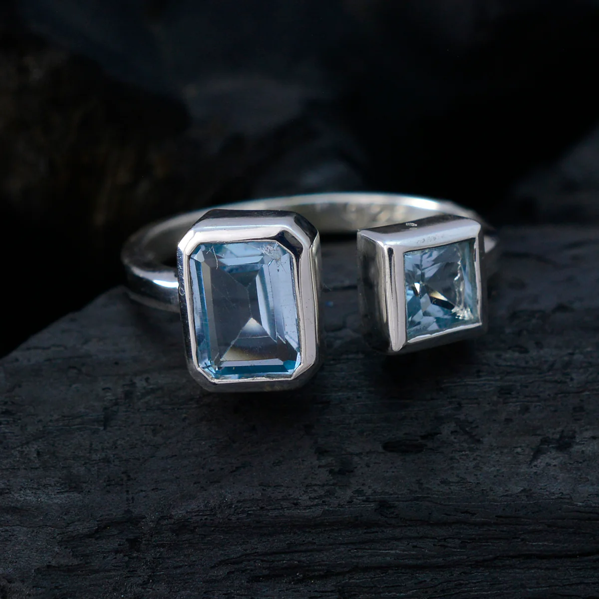Blue Topaz Toi et Moi Turkish Sterling Silver Blue Gemstone Whisper-thin Abstract Ring Jewellery - Image 4