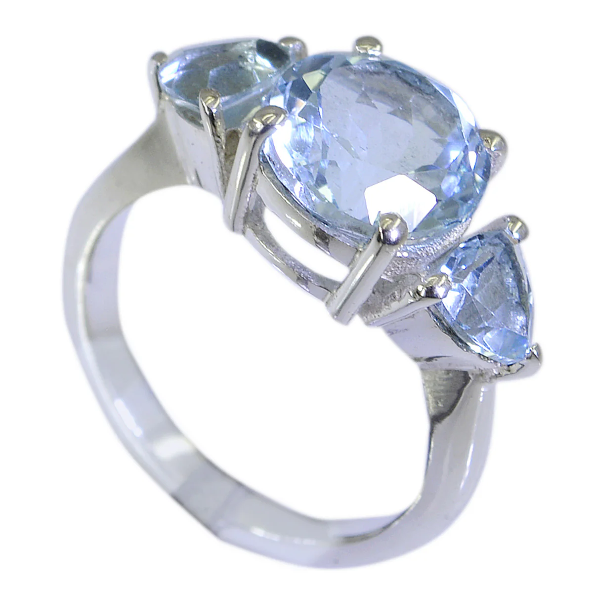 Blue Topaz Trilogy French 925 Sterling Silver Blue Gemstones Featherlight Trendy Ring Jewelry - Image 2