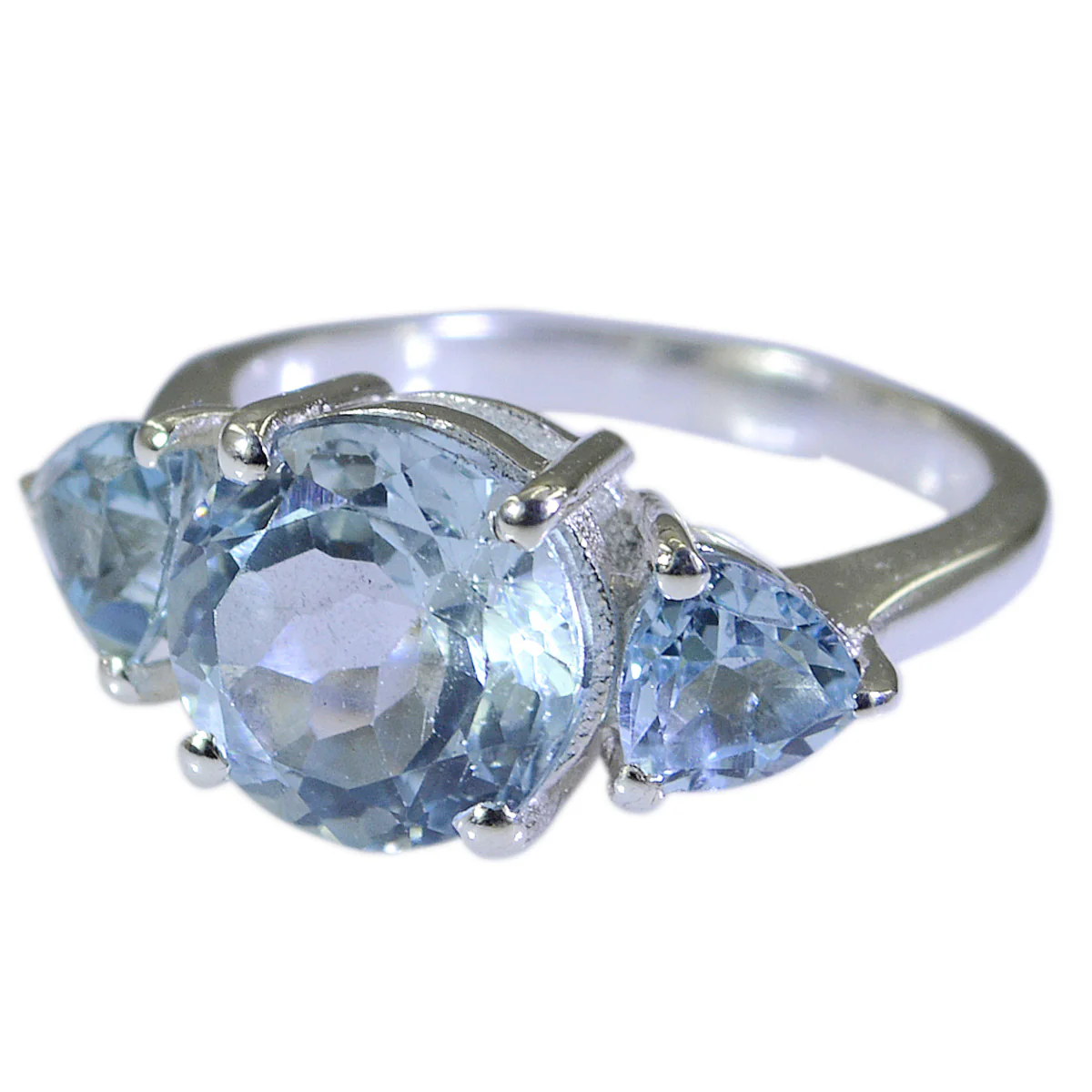 Blue Topaz Trilogy French 925 Sterling Silver Blue Gemstones Featherlight Trendy Ring Jewelry - Image 3