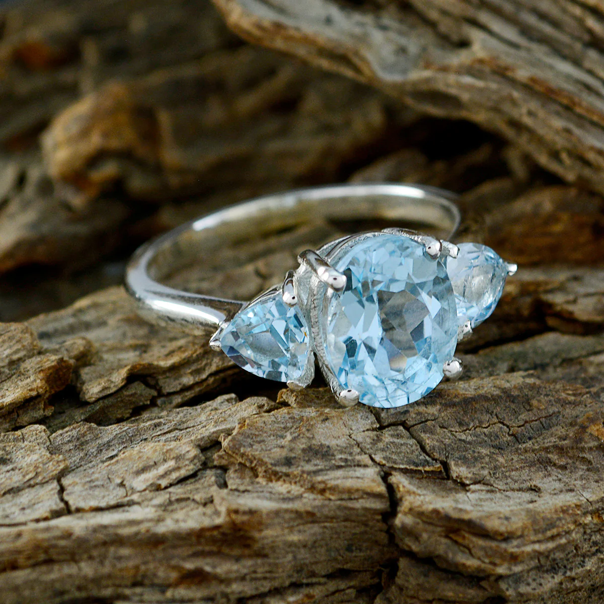 Blue Topaz Trilogy French 925 Sterling Silver Blue Gemstones Featherlight Trendy Ring Jewelry - Image 4