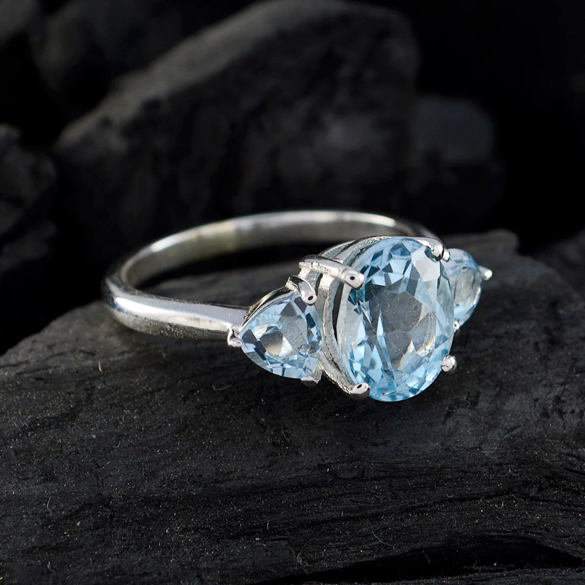 Blue Topaz Trilogy French 925 Sterling Silver Blue Gemstones Featherlight Trendy Ring Jewelry - Image 5