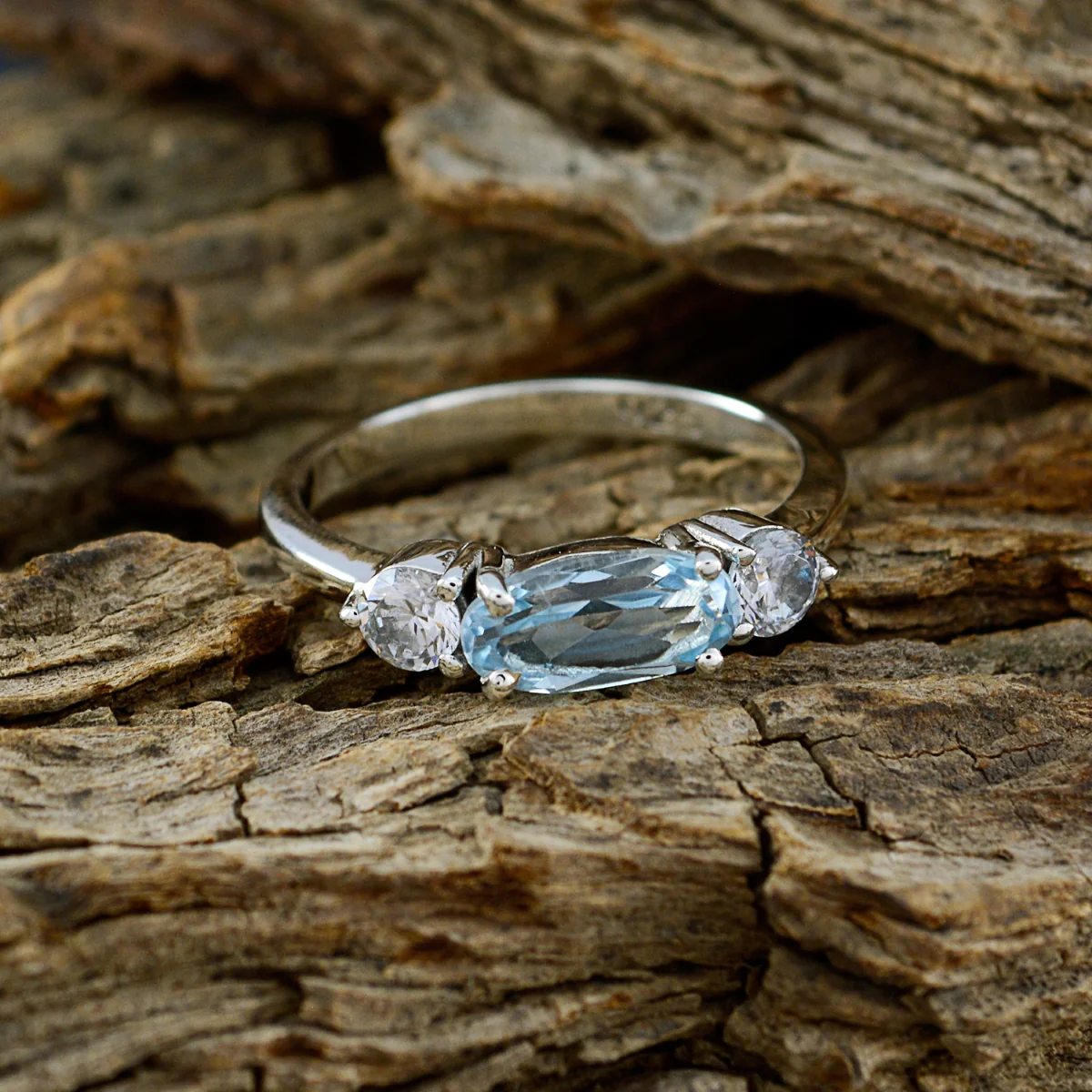 Blue Topaz Trilogy Korean 925 Sterling Silver Blue Gemstone Whisper-thin Glamorous Ring Jewellery - Image 3