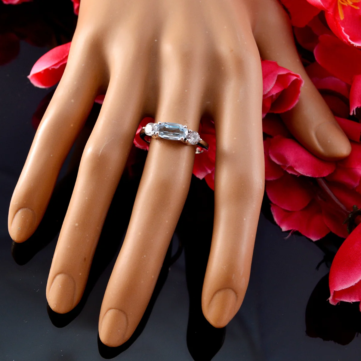 Blue Topaz Trilogy Korean 925 Sterling Silver Blue Gemstone Whisper-thin Glamorous Ring Jewellery - Image 4