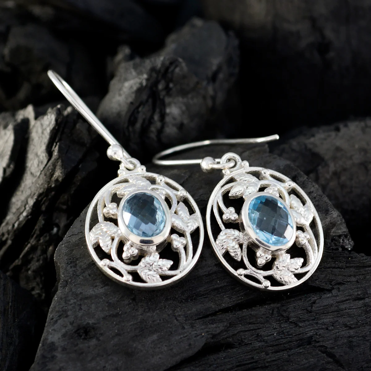 Blue topaz Turkish Isabella Solitaire Dangle Blue 92.5 Silver Earring - Image 2