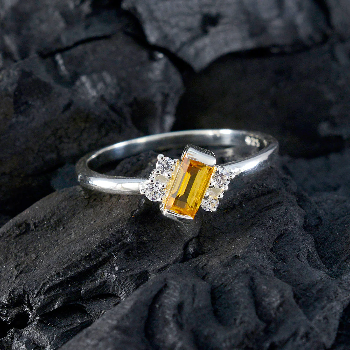 Citrine Halo Japanese Silver Yellow Gems Elegant Trendy Ring Jewellery - Image 4