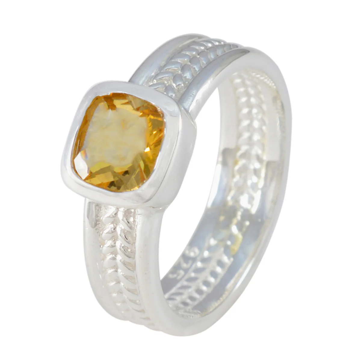 Citrine Solitaire Italian 925 Sterling Silver Yellow Gemstones Mid-weight Rope-Wire Band Jewellery - Image 2