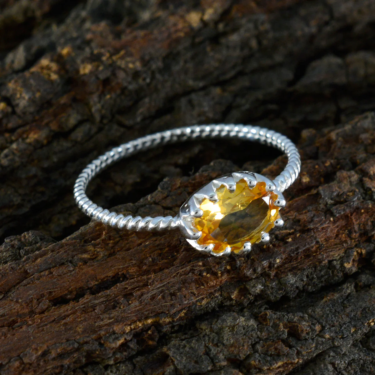 Citrine Solitaire Korean 925 Silver Yellow Gems Minimalist Twist Ring Jewelry - Image 4