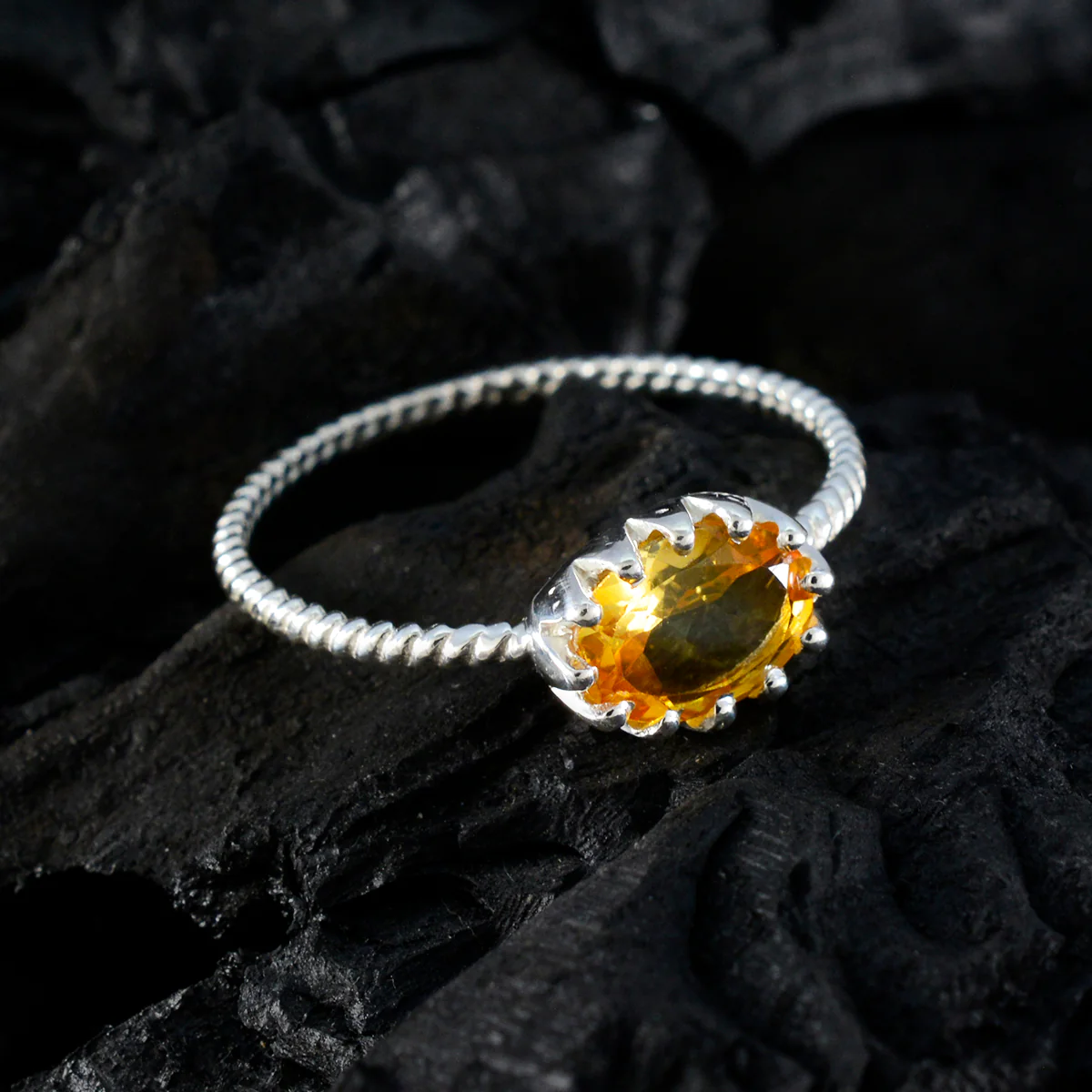 Citrine Solitaire Korean 925 Silver Yellow Gems Minimalist Twist Ring Jewelry - Image 5