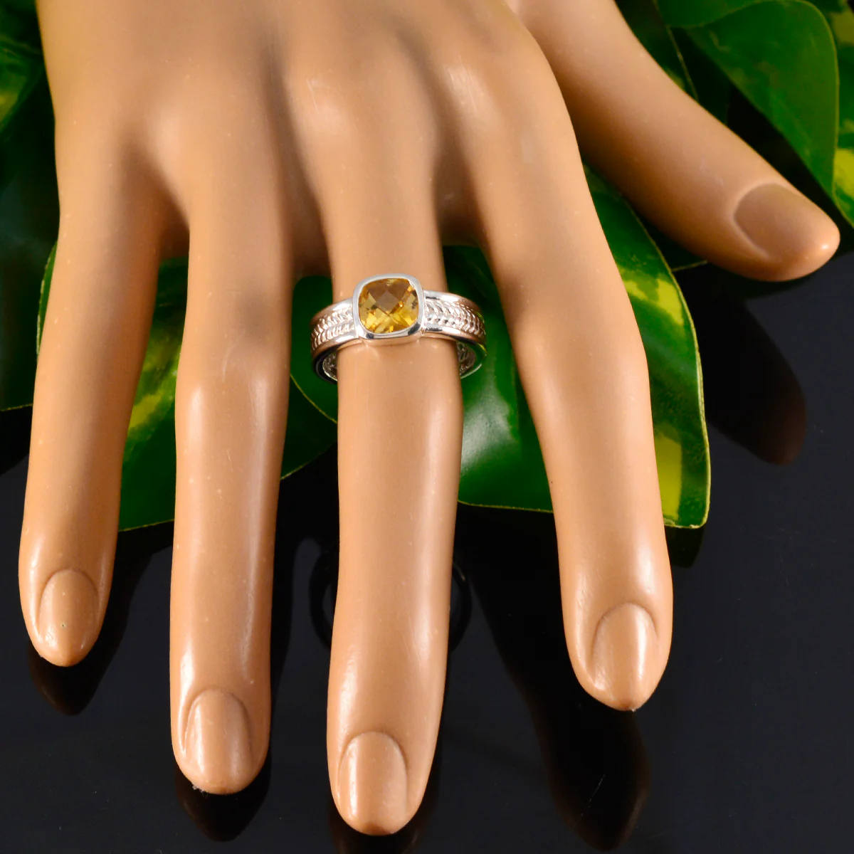 Citrine Solitaire Latin American 92.5 Silver Yellow Gemstone Mid-weight Rope-Wire Band Jewelry - Image 5