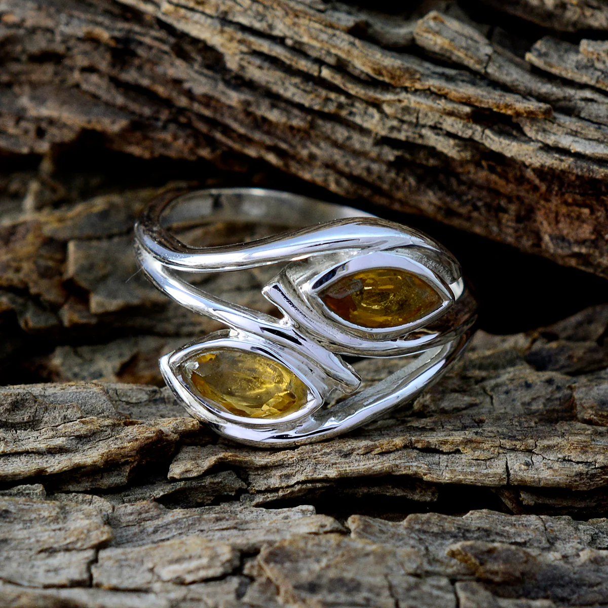 Citrine Toi et Moi Russian Silver Yellow Gemstones Slim Glamorous Ring Jewelry - Image 3