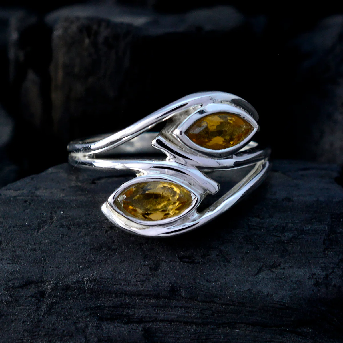 Citrine Toi et Moi Russian Silver Yellow Gemstones Slim Glamorous Ring Jewelry - Image 4