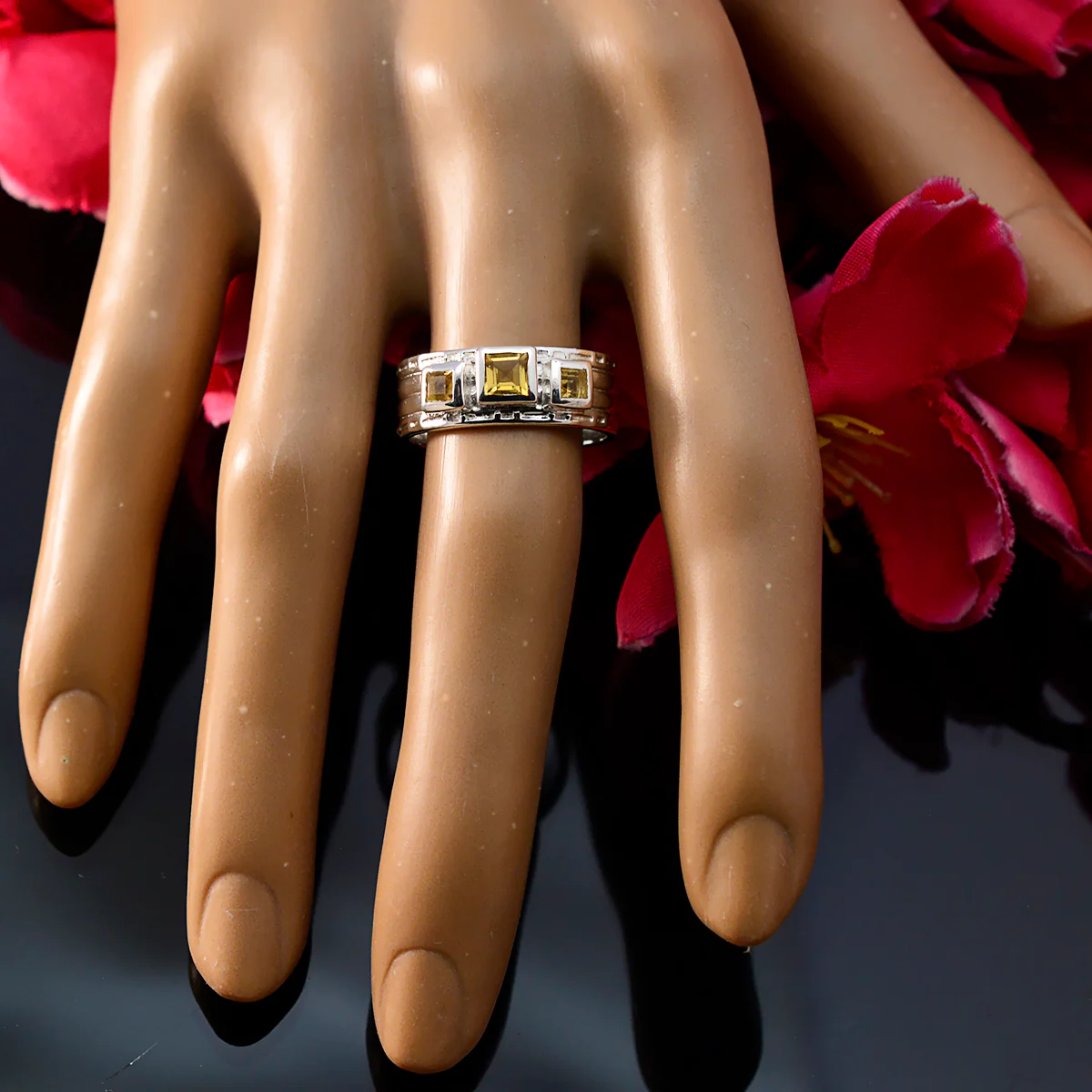 Citrine Trilogy French Sterling Silver Yellow Gemstones Eye-catching Boho Band Jewelry - Image 5
