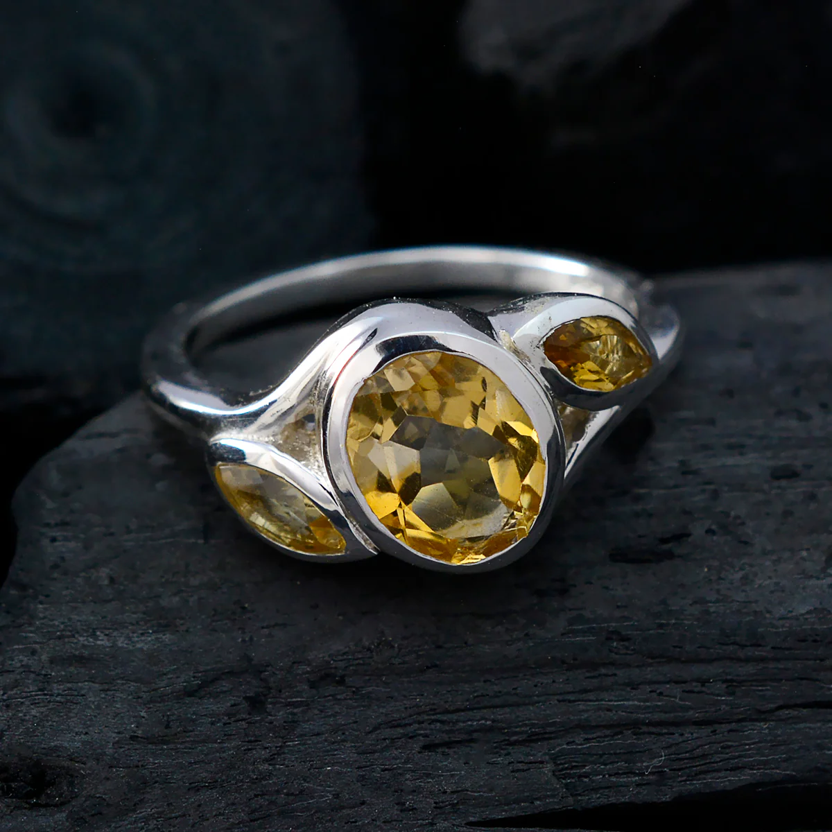 Citrine Trilogy Russian Silver Yellow Gemstone Slim Feminine Ring Jewelry - Image 4