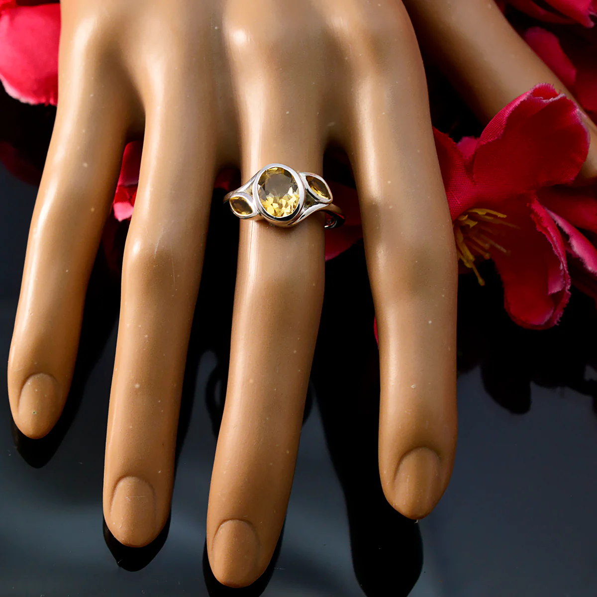 Citrine Trilogy Russian Silver Yellow Gemstone Slim Feminine Ring Jewelry - Image 5
