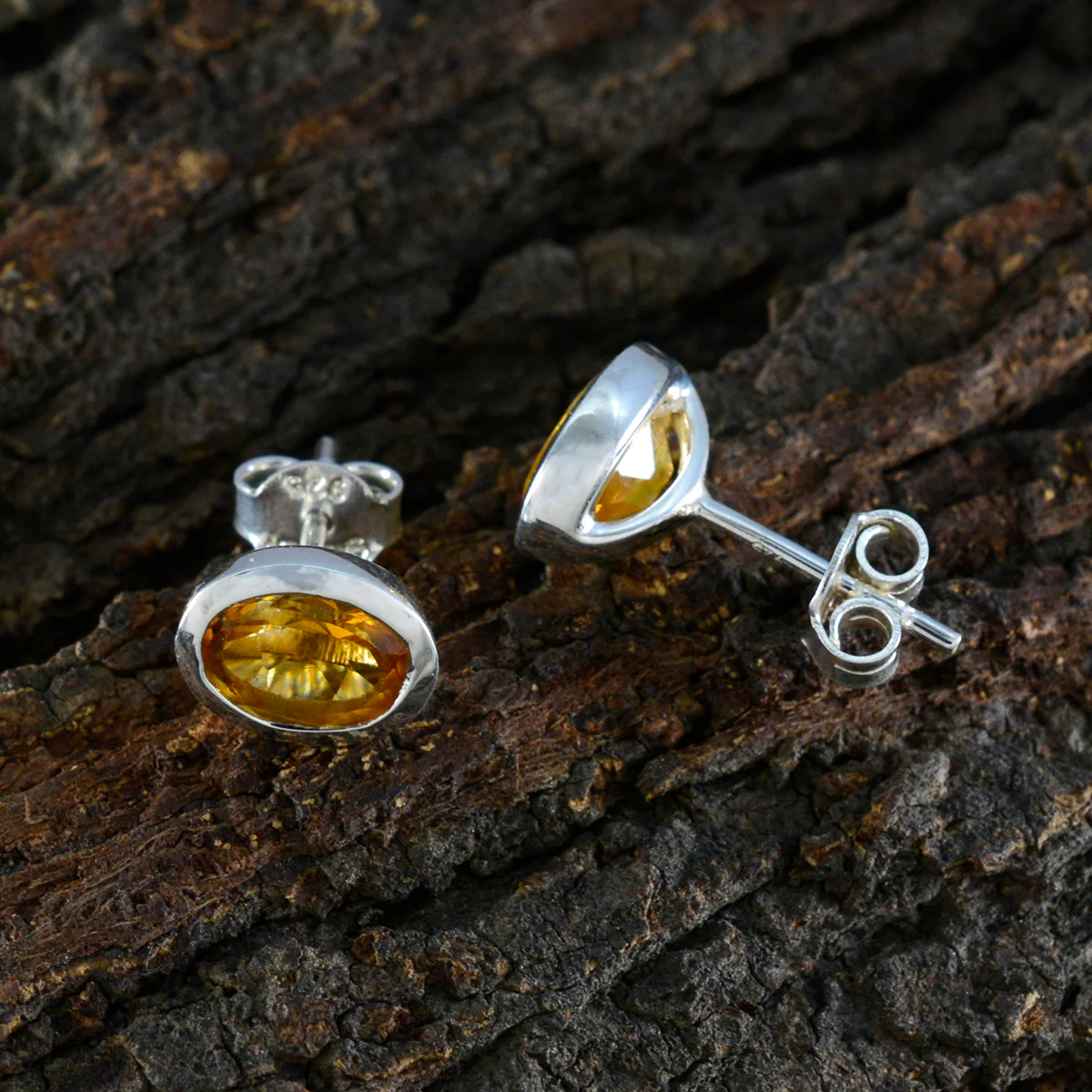 Citrine Turkish Hua Solitaire Stud Yellow Sterling Silver Earring - Image 3