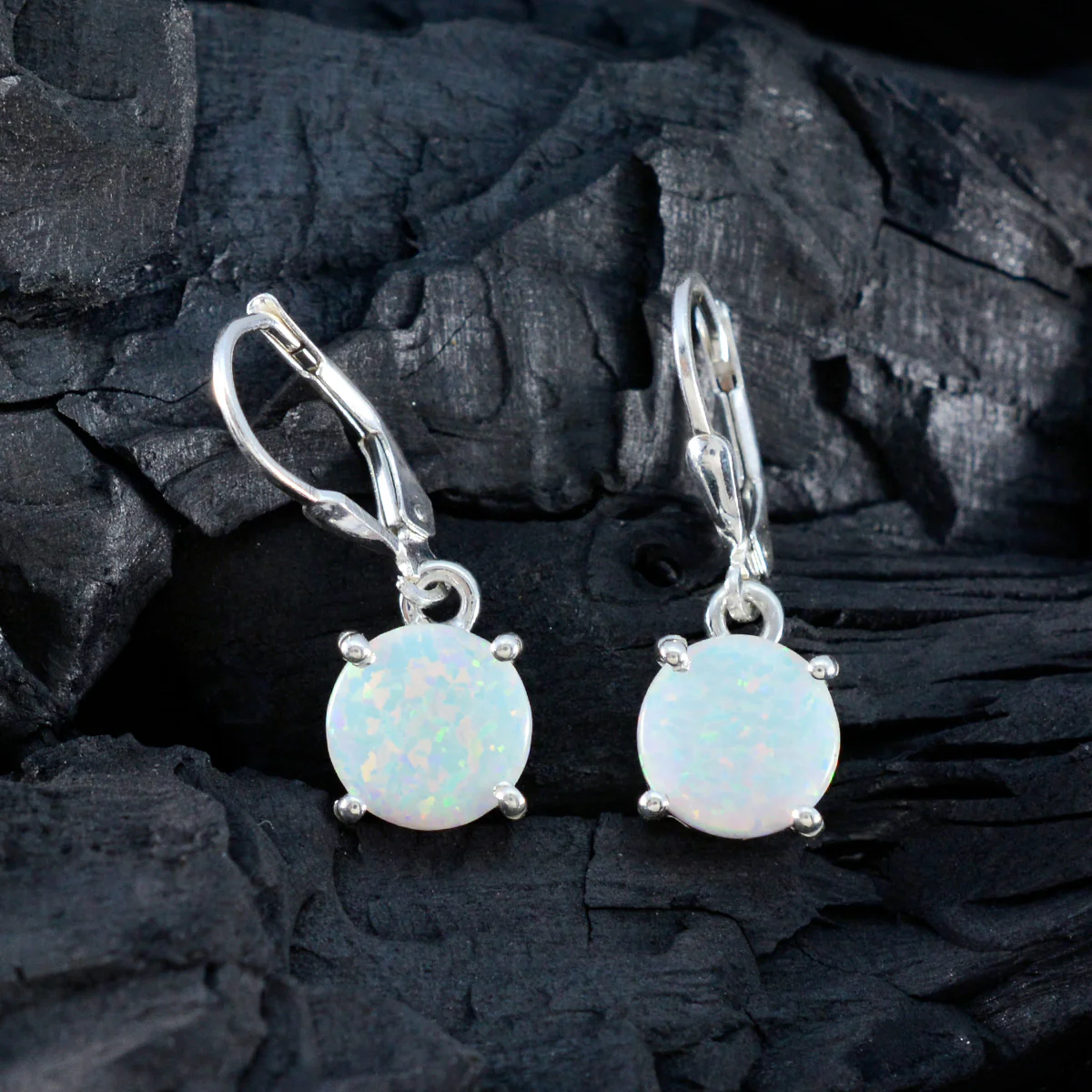 Created Opal Spanish Nari Solitaire Dangle White 92.5 Silver Earring - Image 4