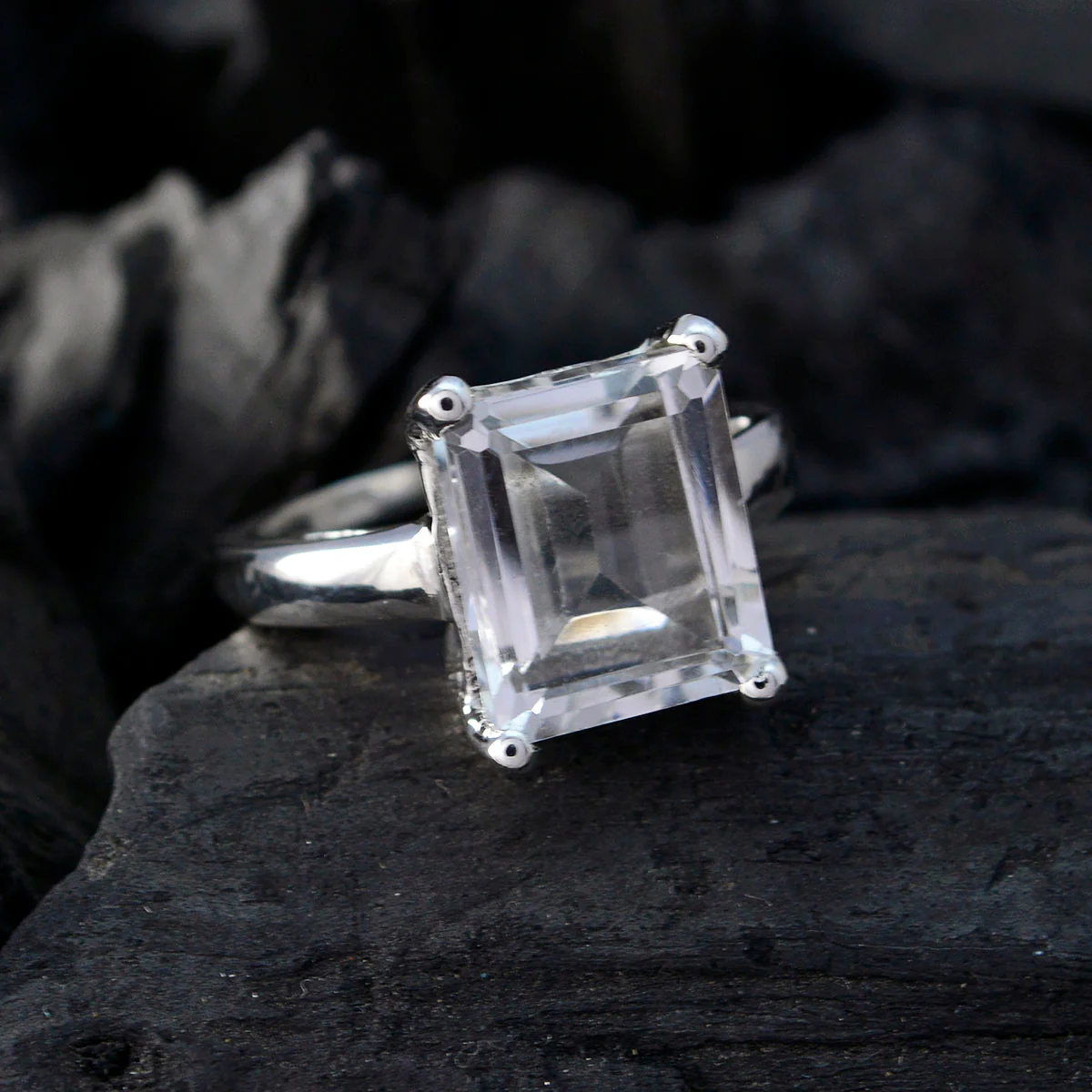 Crystal Quartz Solitaire French 925 Sterling Silver White Gems Minimal Artisan Ring Jewelry - Image 4