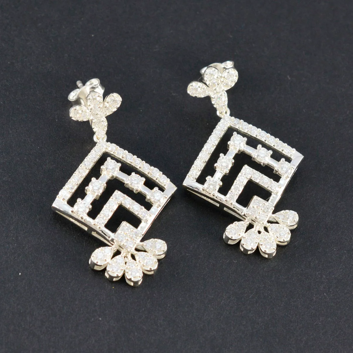 Cubic Zirconia Indian Lakshmi multiple Stud White Sterling Silver Earring - Image 3