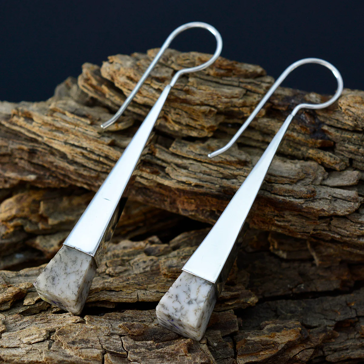 Dendrite Opal Korean Aiko Solitaire Dangle White 925 Sterling Silver Earring - Image 3