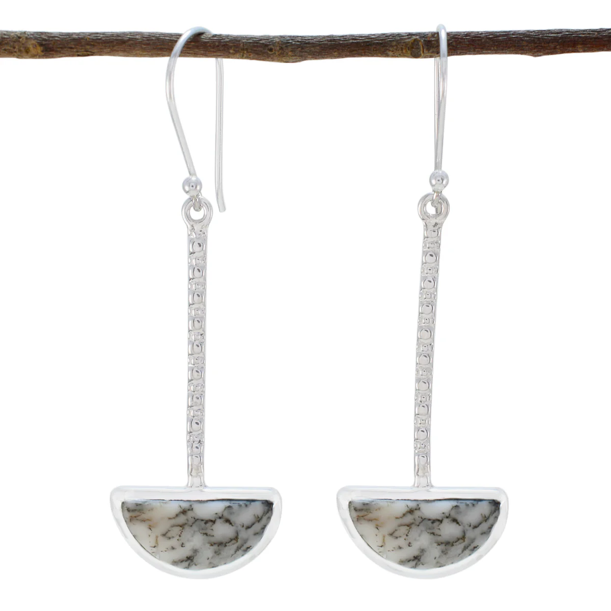 Dendrite Opal Latin American Min-seo Solitaire Dangle White 925 Silver Earring