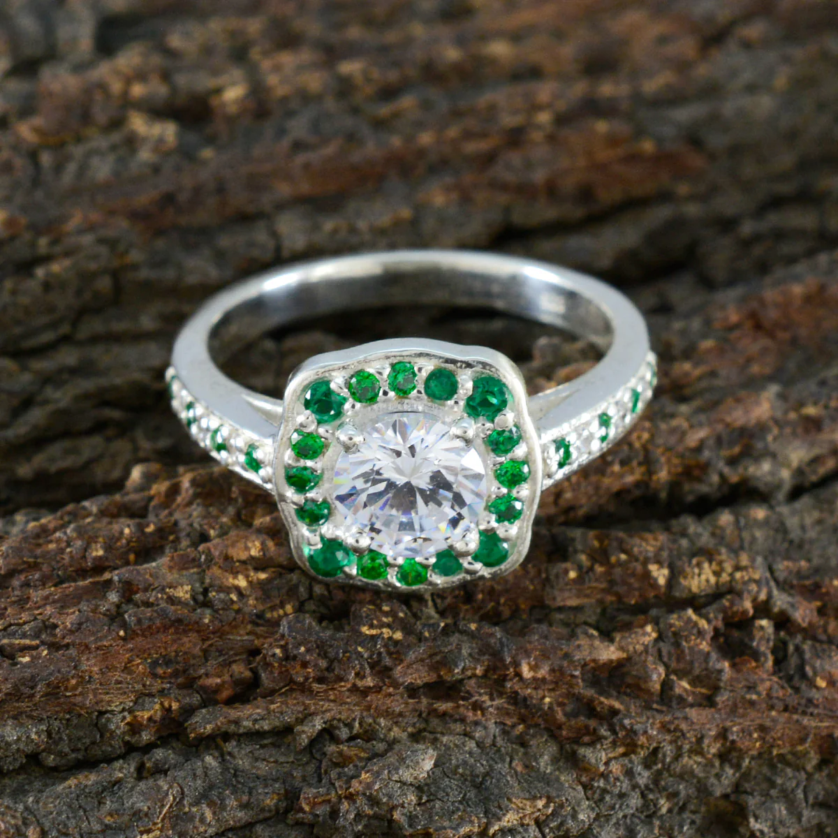 Emerald CZ Halo Indian 92.5 Silver Green Gemstones Classic Glamorous Ring Jewelry - Image 3