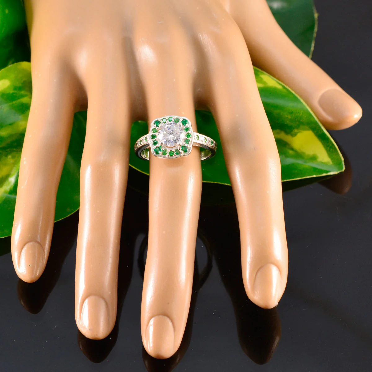 Emerald CZ Halo Indian 92.5 Silver Green Gemstones Classic Glamorous Ring Jewelry - Image 5