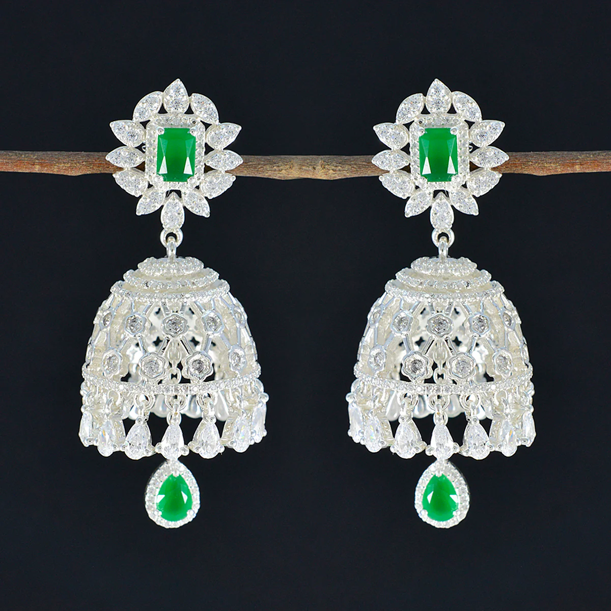 Emerald CZ Indian Dewi multiple Stud Green 925 Sterling Silver Earring - Image 2
