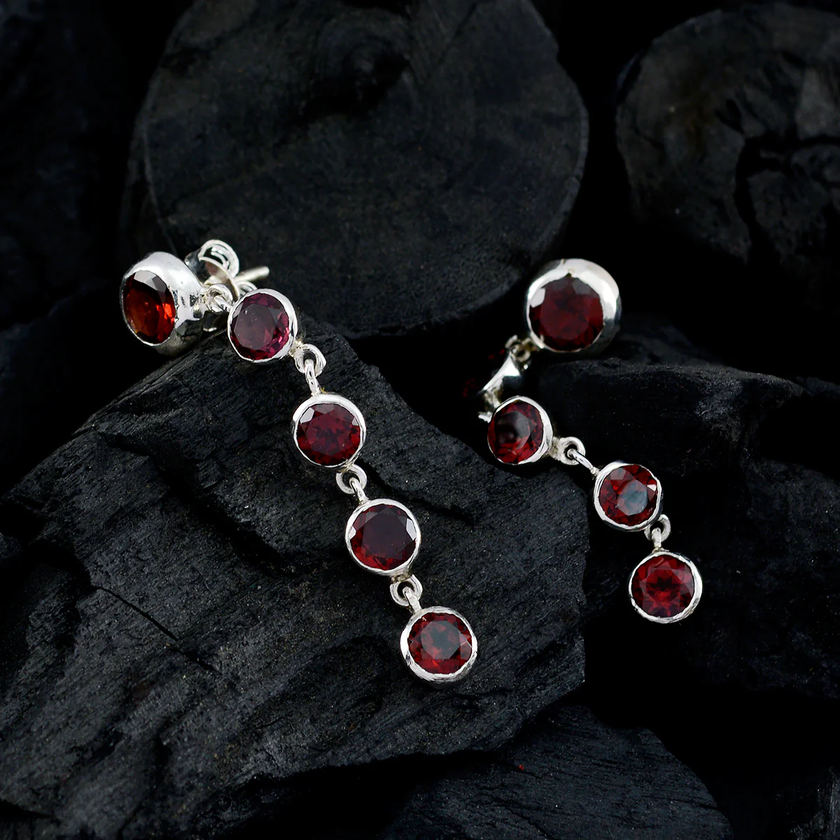 Garnet American Hazel multiple Stud Red 925 Sterling Silver Earring - Image 2