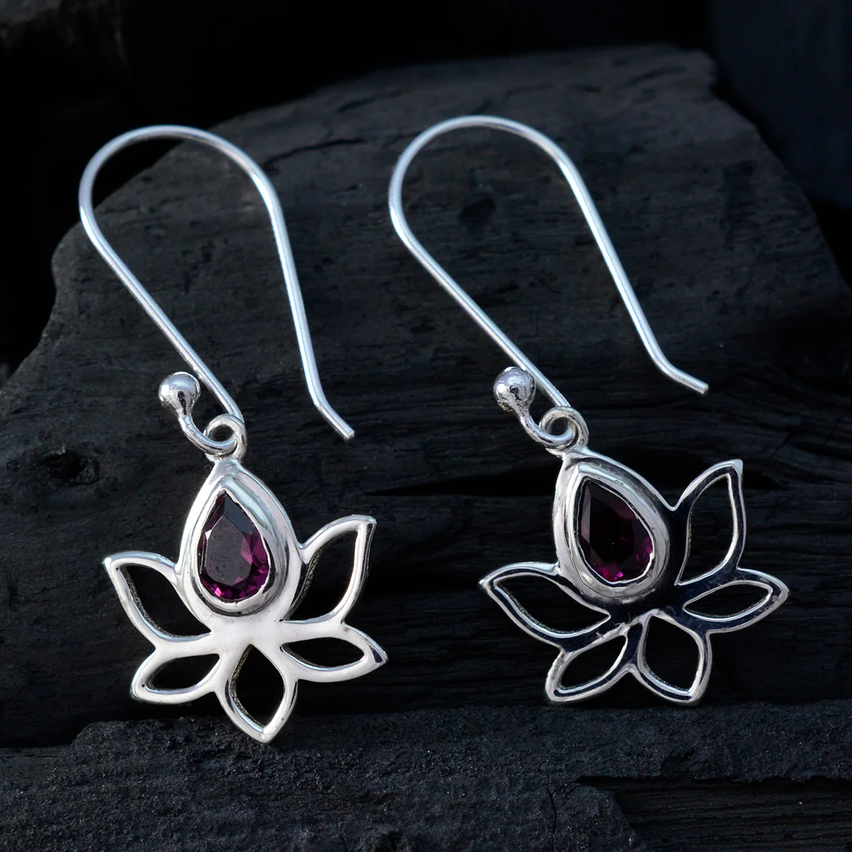Garnet American Ines Solitaire Dangle Red 92.5 Silver Earring - Image 3