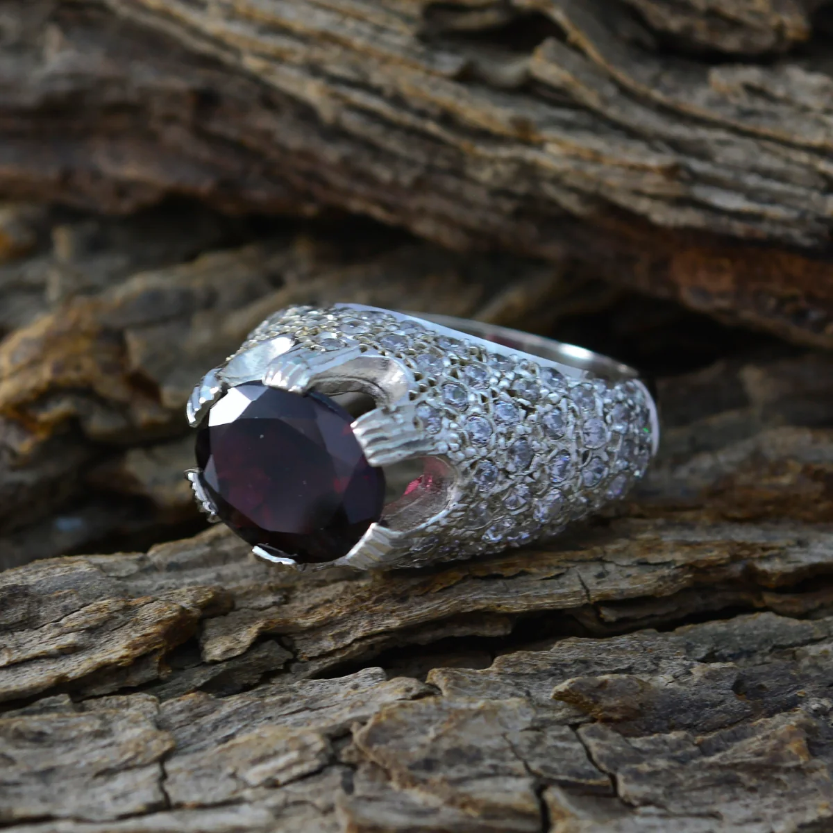 Garnet Halo French 92.5 Silver Red Gems Edgy Contemporary Ring Jewellery - Image 3