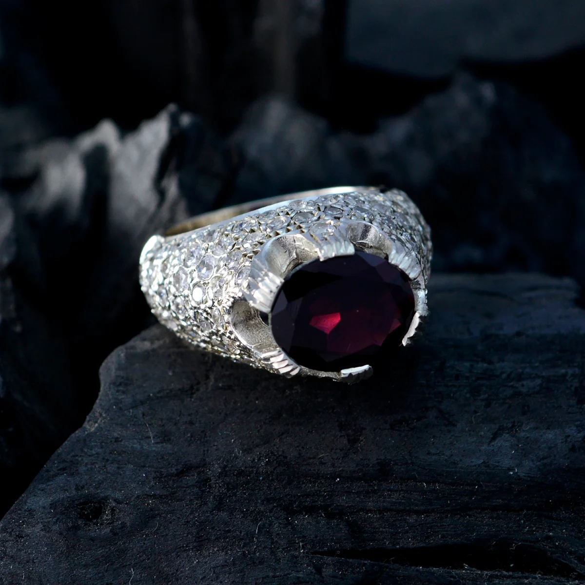 Garnet Halo French 92.5 Silver Red Gems Edgy Contemporary Ring Jewellery - Image 4