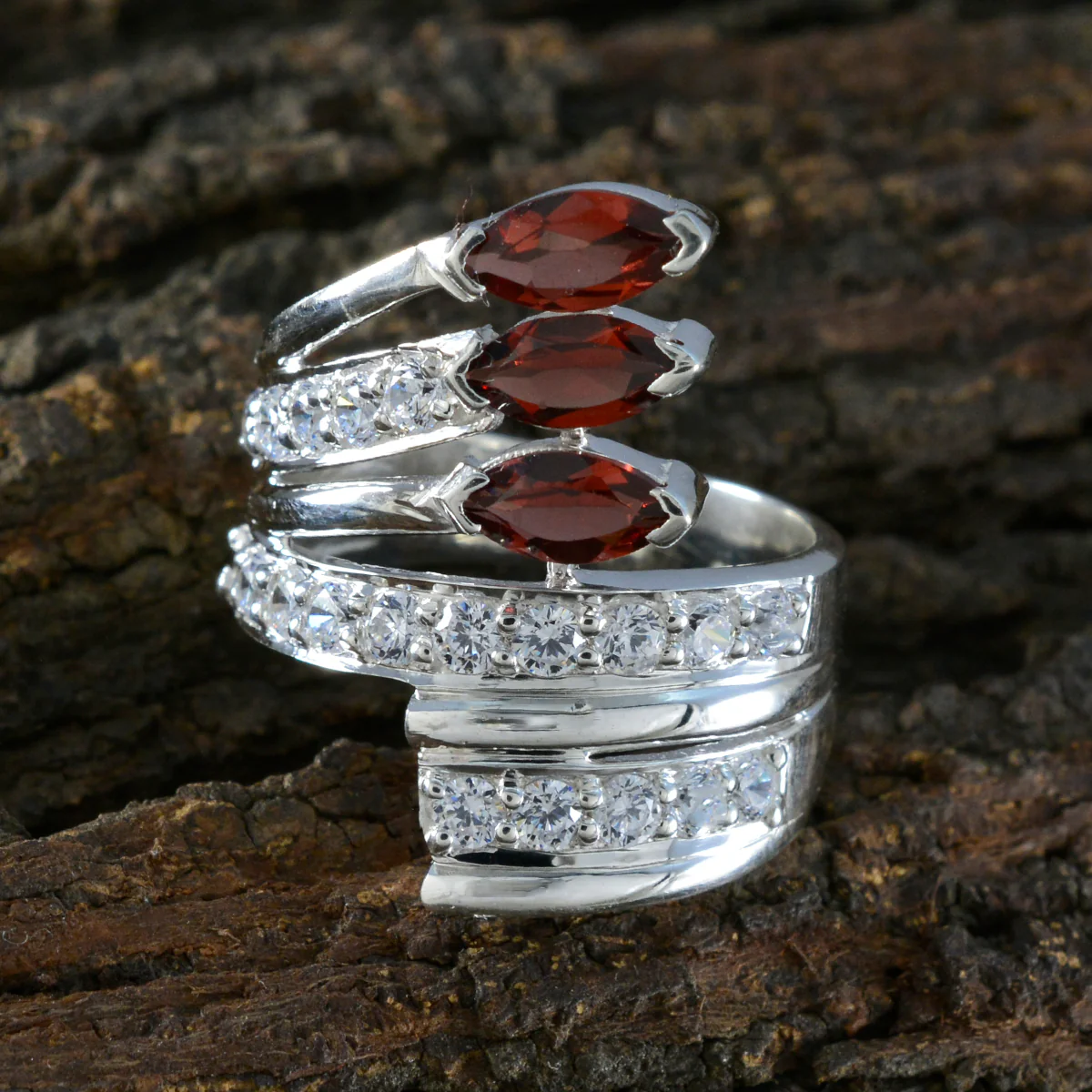 Garnet Halo German 925 Silver Red Gems Chunky Ethnic Ring Jewellery - Image 4