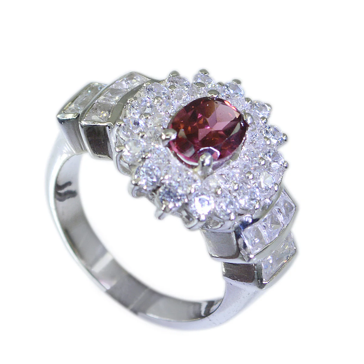 Garnet Halo Russian 92.5 Silver Red Gemstone Mid-weight Abstract Ring Jewellery