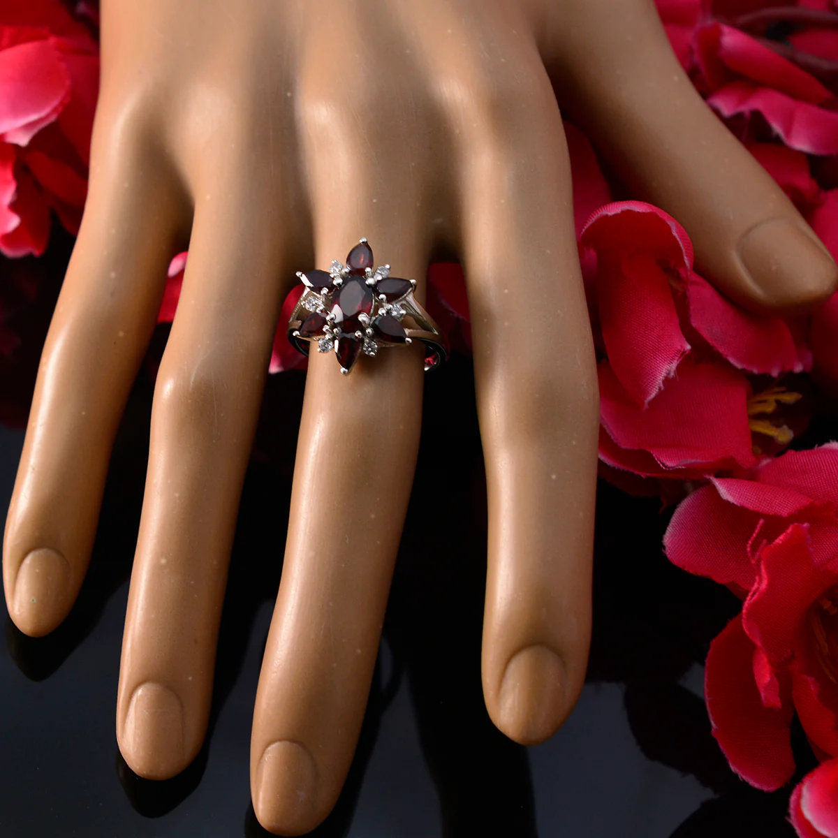 Garnet Hepta African Silver Red Gemstone Featherlight Floral Ring Jewelry - Image 5