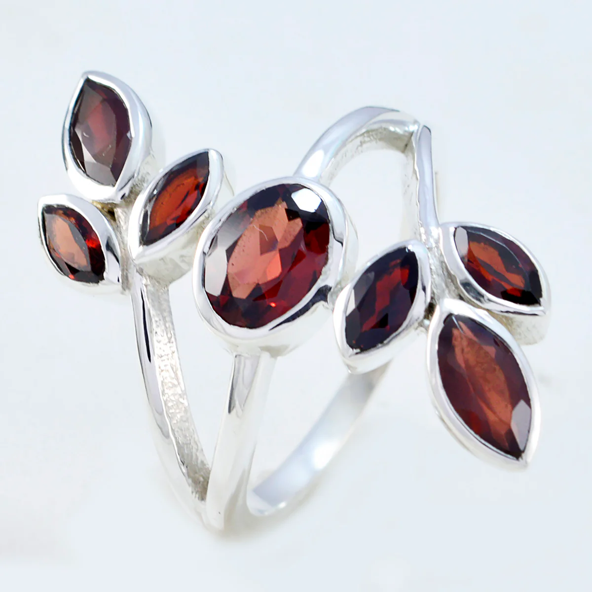 Garnet Hepta Egyptian Silver Red Gemstones Mid-weight Leafy Ring Jewellery - Image 2