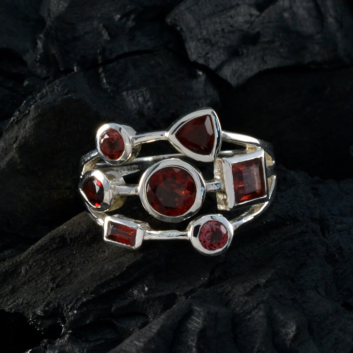 Garnet Hepta French 925 Silver Red Gems Featherlight Sophisticated Ring Jewellery - Image 4