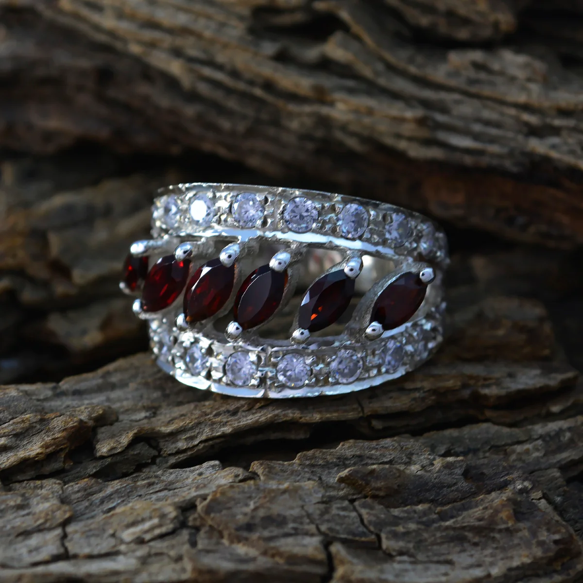Garnet Hexa French 925 Sterling Silver Red Gemstone Versatile Abstract Ring Jewellery - Image 3