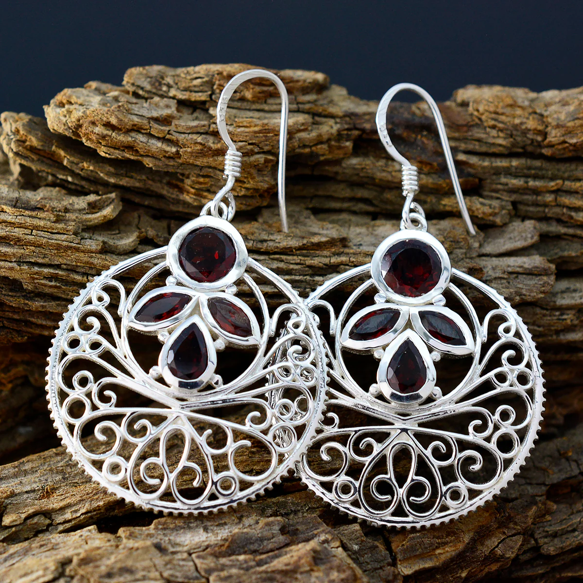 Garnet Middle Eastern Ivy quarter Dangle Red 925 Silver Earring - Image 3