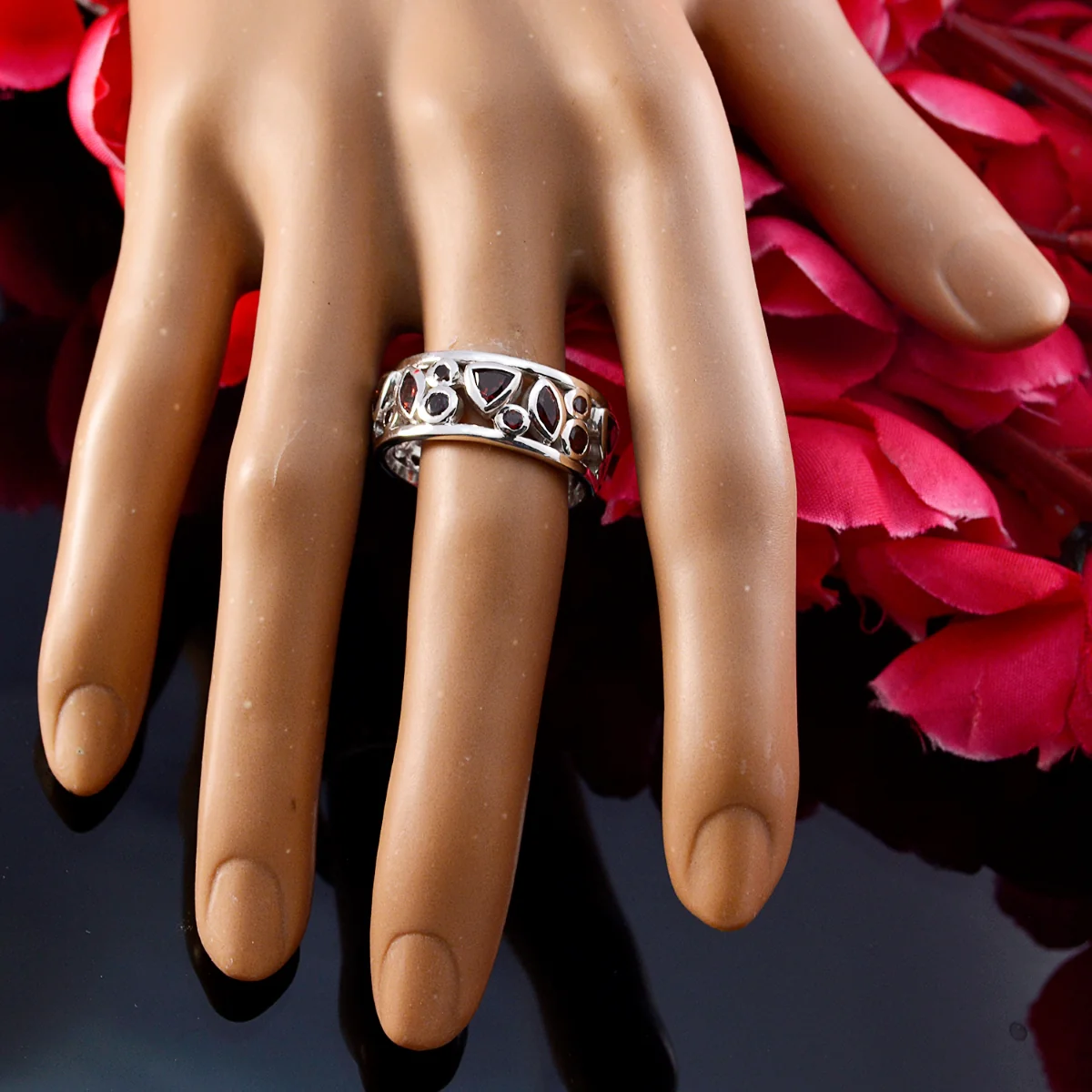 Garnet multiple Egyptian Sterling Silver Red Gems Versatile Eternity Band Jewelry - Image 6