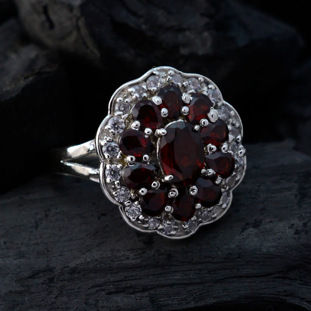 Garnet multiple French 925 Sterling Silver Red Gemstones Minimal Modern Ring Jewellery - Image 4