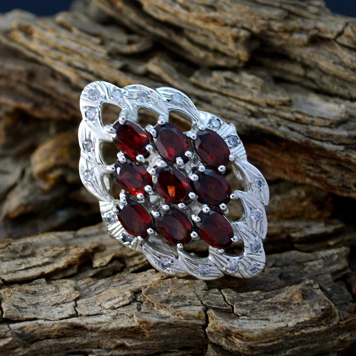 Garnet multiple French Silver Red Gems Statement Armor Ring Jewelry - Image 3